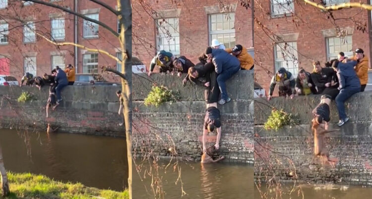 散歩中に運河に転落してしまった愛犬、たまたま通りかかった学生のグループによって救出された