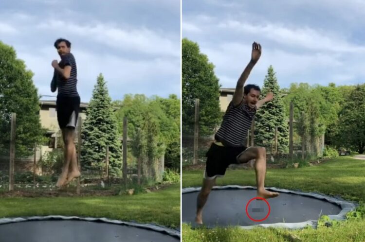 トランポリンで華麗に跳ねていた男性は、あることに気付いてパニックに！！慌てて逃げ出したその理由とは？【海外・動画】