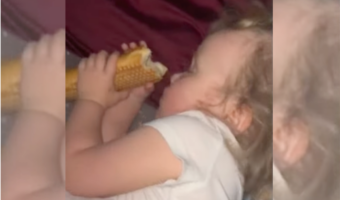 ごはんを食べている途中でおねむになった女の子。寝ているようなのでギュッと握るパンを一回避けようとしたら・・、まさかのリアクションが！！