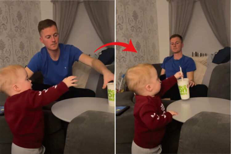 一枚上手な赤ちゃん！ドリンクに手が届かないようにとテーブルの奥に置いたのに・・、ある方法でなんなくゲット！その方法とは？？