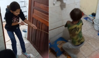 ロープを一生懸命引っ張る子供たち。このロープの先にいたのは・・、どうやら綱引きをしていたみたいです!!