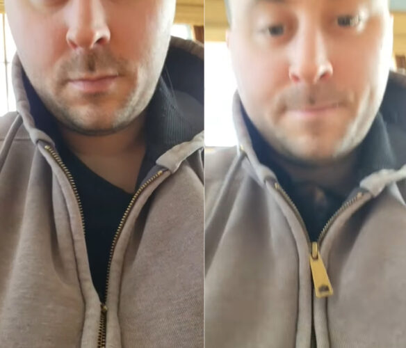 男性のジャケットのファスナーがひとりでに上がっていく！？一体どうしてと思いきや、その懐には・・？！【アメリカ・動画】