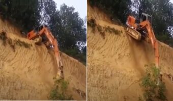 まさか!嘘でしょ!?この断崖絶壁を自力で下るショベルカーの映像に驚愕!!