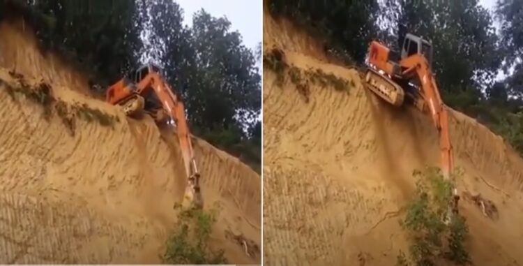 まさか!嘘でしょ!?この断崖絶壁を自力で下るショベルカーの映像に驚愕！！