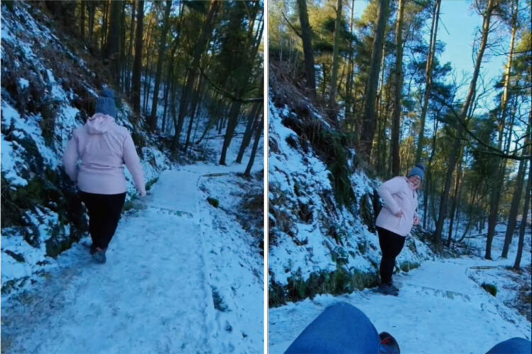 凍った雪道を愛犬と歩く夫婦。転ばないように気を付けて歩いていたみたいなのですが・・【海外・動画】