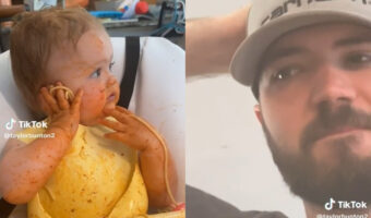 派手にやったね！スパゲッティまみれになった赤ちゃんとその後のお風呂を想像して憂鬱なパパ