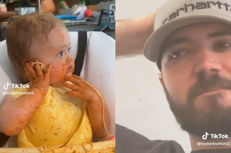 派手にやったね！スパゲッティまみれになった赤ちゃんとその後のお風呂を想像して憂鬱なパパ