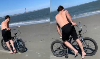 一体どうなってるの？ビーチを自転車で進む男性ですが・・、その進み方が尋常ではありません！！【アメリカ・動画】