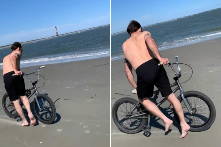 一体どうなってるの？ビーチを自転車で進む男性ですが・・、その進み方が尋常ではありません！！【アメリカ・動画】