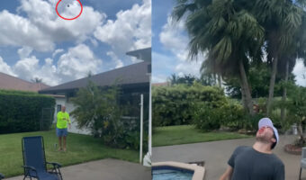 放物線を描き宙を舞うプラム。男性がそれを・・口でキャッチ！！【アメリカ・動画】