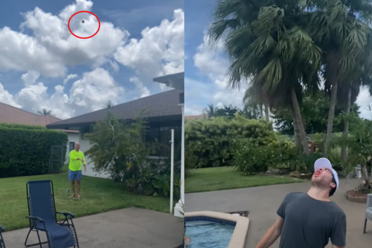 放物線を描き宙を舞うプラム。男性がそれを・・口でキャッチ！！【アメリカ・動画】