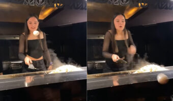 エンタメ性はバツグン!鉄板焼きに挑戦した女の子が、ヘラで卵を持ち上げるのに失敗した結果・・!!
