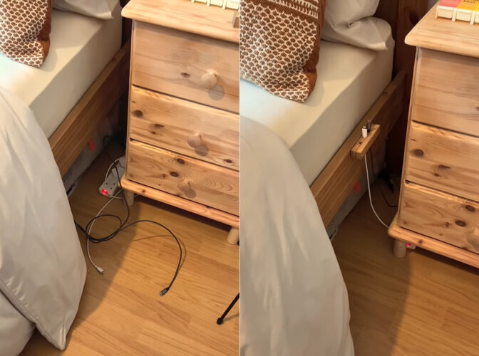 充電ケーブルが床にだらしなく落ちていたのが気になる・・。そこでベッドにも調和するいい感じのケーブルホルダーをDIYしちゃいました！！