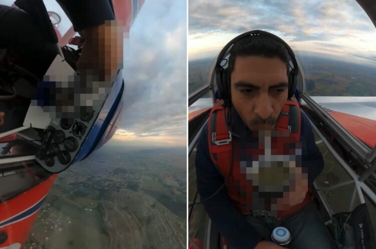 アクロバット飛行中のパイロット。ダイナミックな技もさることながら、その機内ではさらに驚くことが行われていました！！