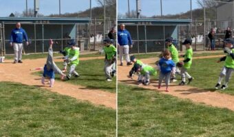 みんなでわちゃわちゃ野球!ヒットを打った女の子が側転でパフォーマンスをする奥で・・、守備のみんながボールを取りに集まって来ちゃってます!!
