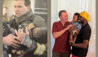 23年前に火事の中から助けてくれたヒーロー!当時助けた少年の歳と同じ少年の息子を抱く