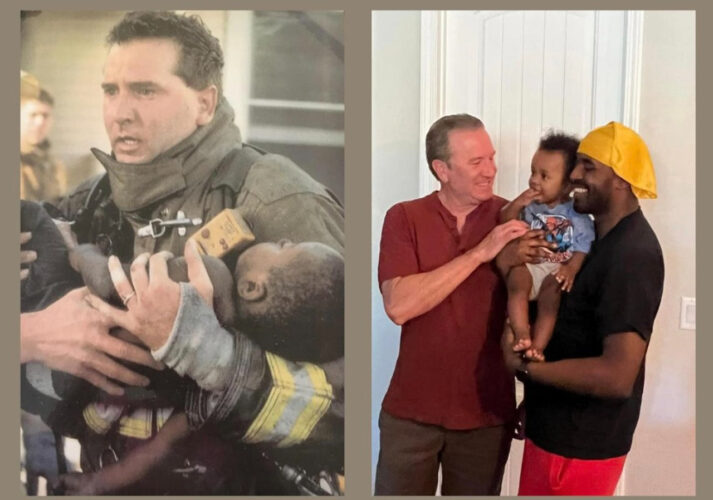 23年前に火事の中から助けてくれたヒーロー！当時助けた少年の歳と同じ少年の息子を抱く