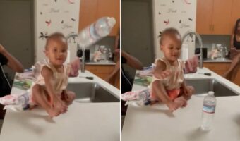 ペットボトルを使った遊び「ボトルフリップ」をマスターした赤ちゃん。2回連続で見事に成功させました!!【アメリカ・動画】