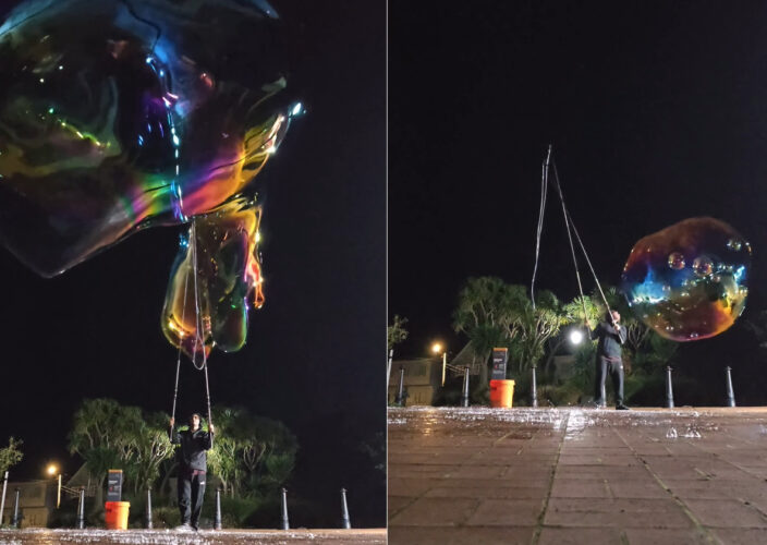 巨大シャボン玉が幻想的！大きなシャボン玉を息を吹きかけると、中にシャボン玉もできちゃう！？！？