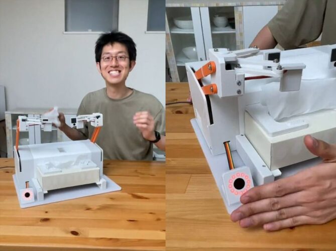 手を触れることなくティッシュが飛び出す『全自動ティッシュ取り出し機』が話題に！「すごいけど、実用性がなくて面白い」