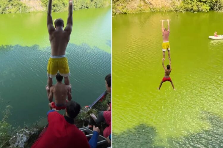 ジップラインの二人乗りに挑戦する男性たち。1人はハンドル、もう1人はなんとその足首にぶら下がっています！！