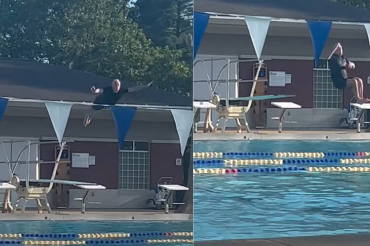飛び込み台を制した男性。いろんな飛び込み方をしてプールを楽しんでいます！！【アメリカ・動画】