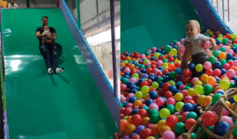 ボールプールにすべり台からダイブ!パパにだっこされながら突入して赤ちゃん大喜び!!【海外・動画】
