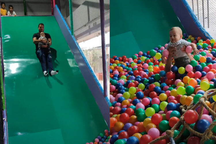 ボールプールにすべり台からダイブ！パパにだっこされながら突入して赤ちゃん大喜び！！【海外・動画】