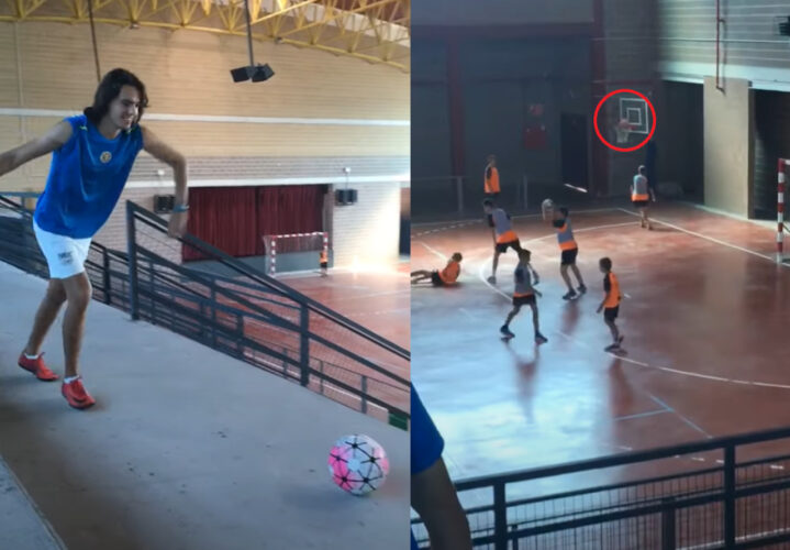 トリックシュート大成功！座席から蹴られたサッカーボールはバスケのゴールへと・・！！