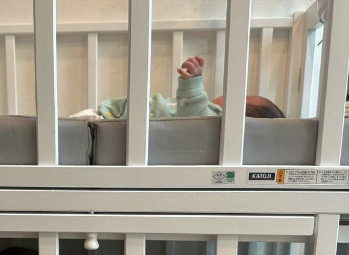 ベッドでスヤスヤ眠る赤ちゃんの下で“あの動物”が寝ていて、可愛いらしい二段ベッドが完成！