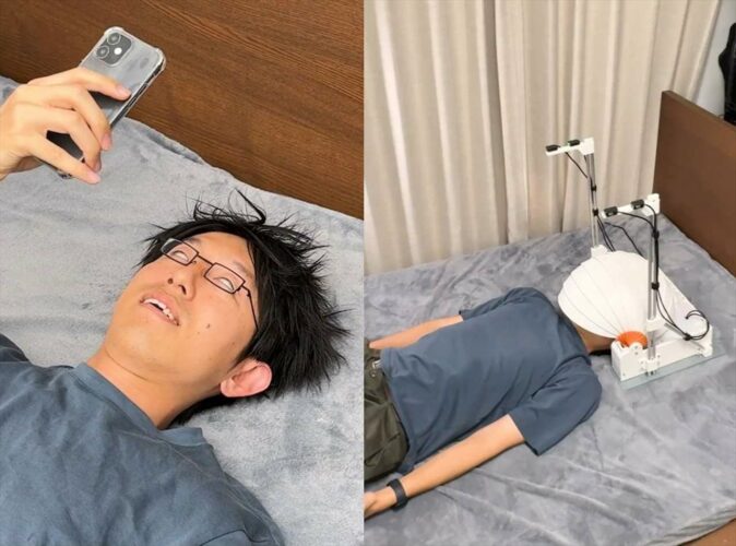 寝転がりながらスマホ操作している時あるある『突然のスマホ落下』から顔面を守れる！？「顔面スマホシールド」が画期的！！