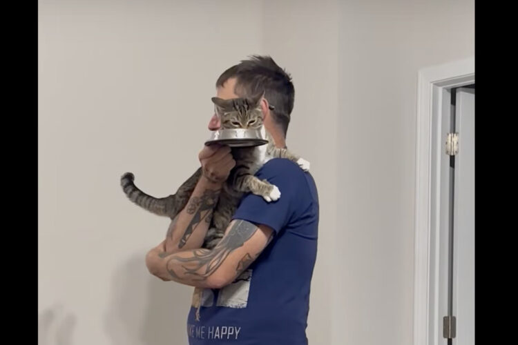 これならごはんを安心して食べられるね！猫は飼い主さんにだっこしてもらいながら食事中！！【アメリカ・動画】