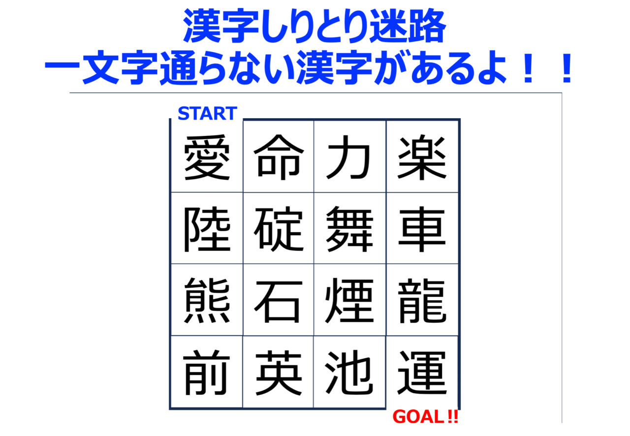 【脳トレ】漢字しりとり迷路!しりとりをしながらゴールを目指せ!!だけど一文字通過しない漢字があるよ!!