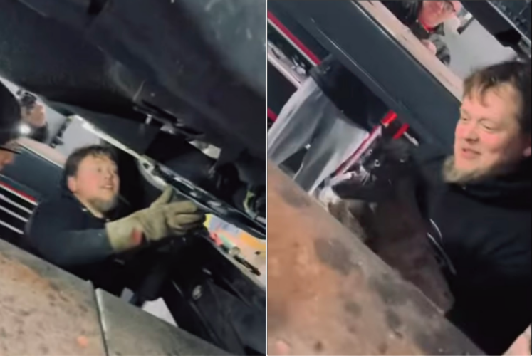大変！車の中に子猫が潜り込んじゃった！！整備士さんが優しく助け出します