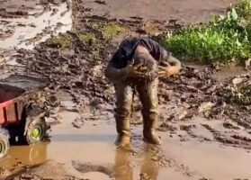 そこはお風呂じゃないよ！幼い男の子がニコニコしながら水たまりの中で髪を洗ってる！！【海外・動画】