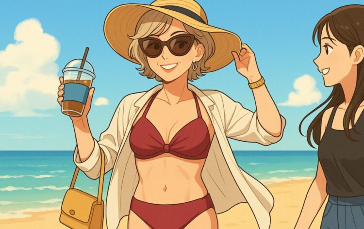 義母のボディアピールが止まらない！海辺で炸裂した“マウントビキニ”