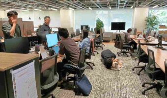 社員たちが真面目な話をしているその横で・・。犬吸いに夢中な社長の姿が話題に