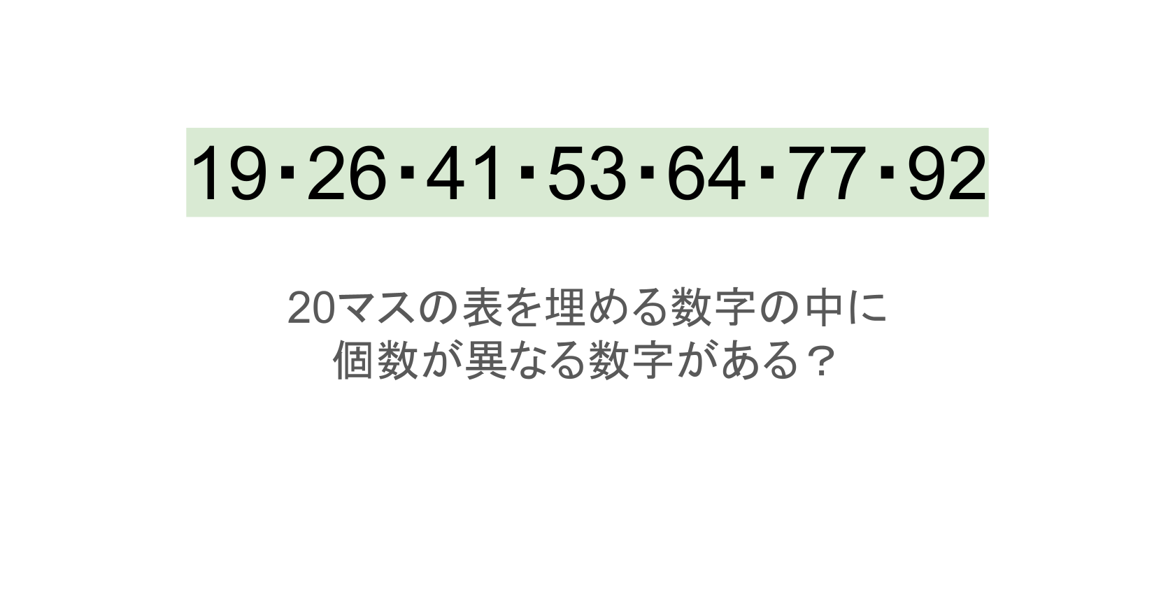 【脳トレ】5×4の表に書かれた7種の数字「19・26・41・53・64・77・92」。他の数字は3つずつ表を埋めているのに・・1種だけ2つしかない！？その数字はどれだ？？