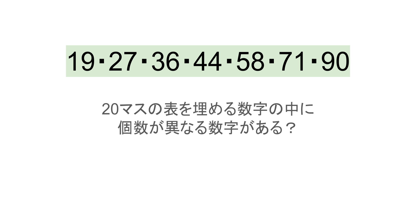 【脳トレ】5×4の表に書かれた7種の数字「19・27・36・44・58・71・90」。他の数字は3つずつ表を埋めているのに・・1種だけ2つしかない！？その数字はどれだ？？