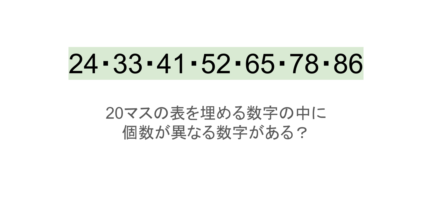 【脳トレ】5×4の表に書かれた7種の数字「24・33・41・52・65・78・86」。他の数字は3つずつ表を埋めているのに・・1種だけ2つしかない!?その数字はどれだ??