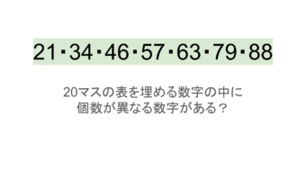 【脳トレ】5×4の表に書かれた7種の数字「21・34・46・57・63・79・88」。他の数字は3つずつ表を埋めているのに・・1種だけ2つしかない！？その数字はどれだ？？