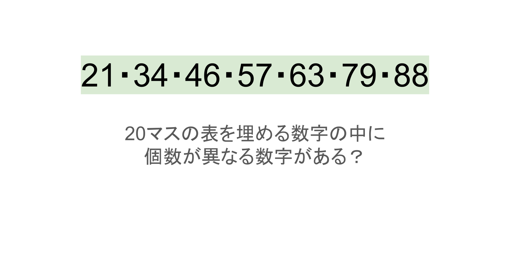 【脳トレ】5×4の表に書かれた7種の数字「21・34・46・57・63・79・88」。他の数字は3つずつ表を埋めているのに・・1種だけ2つしかない!?その数字はどれだ??