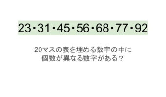 【脳トレ】5×4の表に書かれた7種の数字「23・31・45・56・68・77・92」。他の数字は3つずつ表を埋めているのに・・1種だけ2つしかない！？その数字はどれだ？？