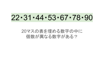 【脳トレ】5×4の表に書かれた7種の数字「22・31・44・53・67・78・90」。他の数字は3つずつ表を埋めているのに・・1種だけ2つしかない！？その数字はどれだ？？