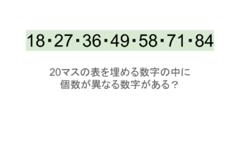 【脳トレ】5×4の表に書かれた7種の数字「18・27・36・49・58・71・84」。他の数字は3つずつ表を埋めているのに・・1種だけ2つしかない！？その数字はどれだ？？