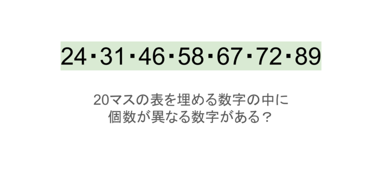 【脳トレ】5×4の表に書かれた7種の数字「24・31・46・58・67・72・89」。他の数字は3つずつ表を埋めているのに・・1種だけ2つしかない！？その数字はどれだ？？