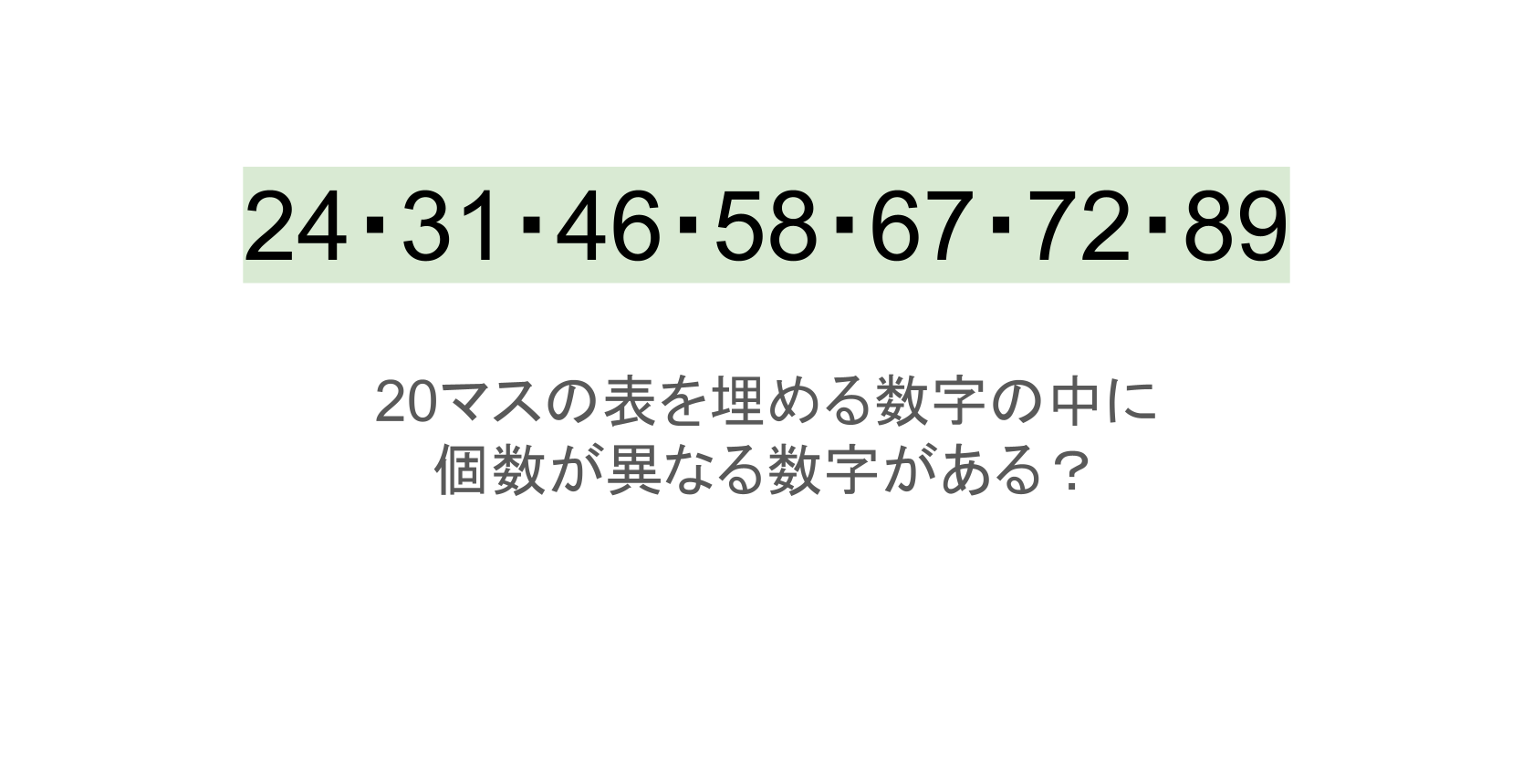 【脳トレ】5×4の表に書かれた7種の数字「24・31・46・58・67・72・89」。他の数字は3つずつ表を埋めているのに・・1種だけ2つしかない！？その数字はどれだ？？