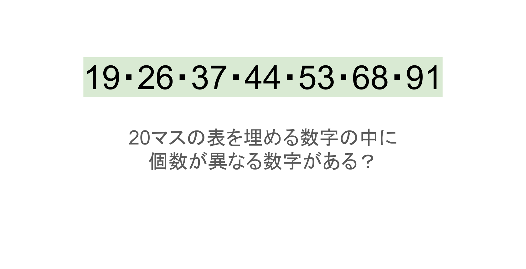 【脳トレ】5×4の表に書かれた7種の数字「19・26・37・44・53・68・91」。他の数字は3つずつ表を埋めているのに・・1種だけ2つしかない！？その数字はどれだ？？