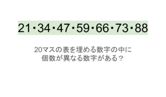【脳トレ】5×4の表に書かれた7種の数字「21・34・47・59・66・73・88」。他の数字は3つずつ表を埋めているのに・・1種だけ2つしかない！？その数字はどれだ？？