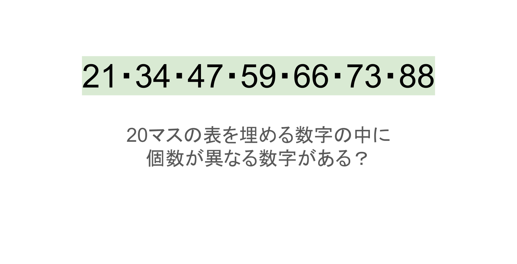 【脳トレ】5×4の表に書かれた7種の数字「21・34・47・59・66・73・88」。他の数字は3つずつ表を埋めているのに・・1種だけ2つしかない！？その数字はどれだ？？
